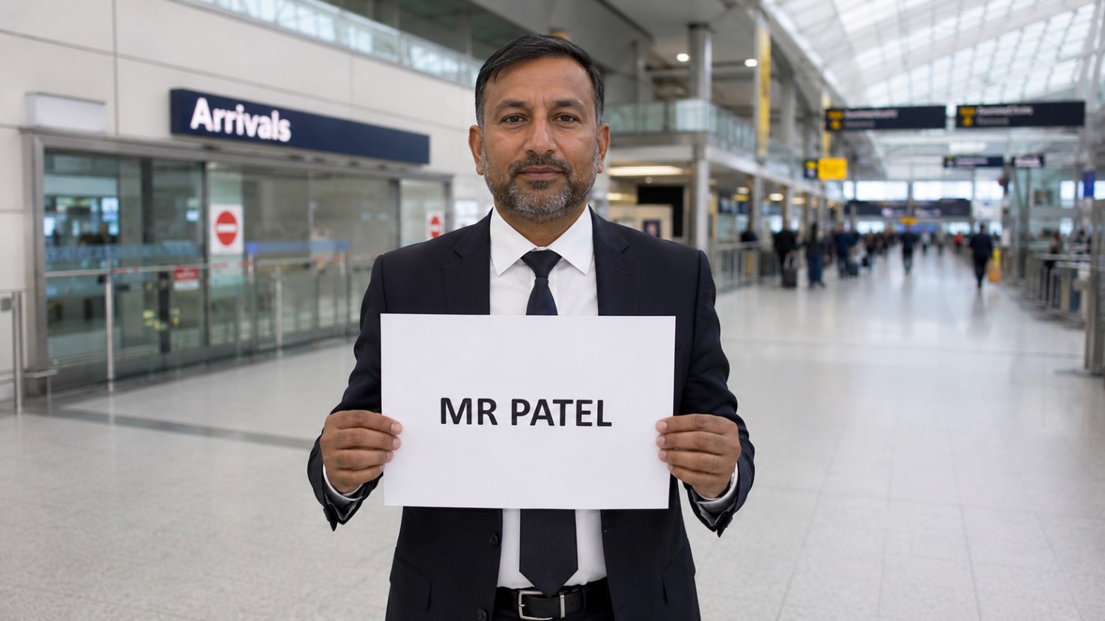 UK Airport Taxi driver in suit holding name board at airport arrivals for meet and greet service