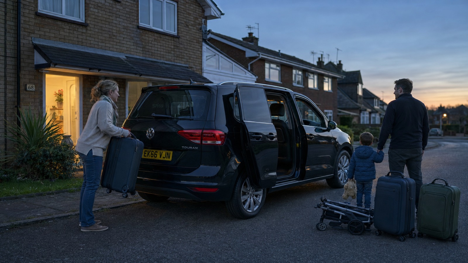 Family loading suitcases into an MPV outside a UK suburban home for a pre-booked Gatwick Airport transfer