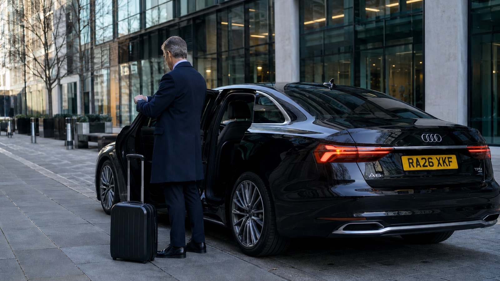 Executive class saloon parked outside a London corporate office for a pre-booked Gatwick Airport transfer