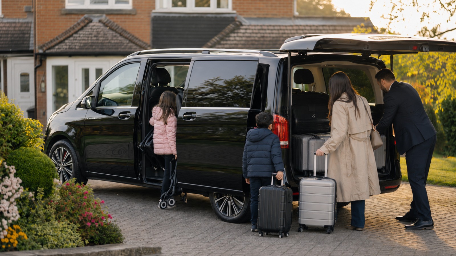 Family loading luggage into an 8-seater minibus taxi for Gatwick North Terminal