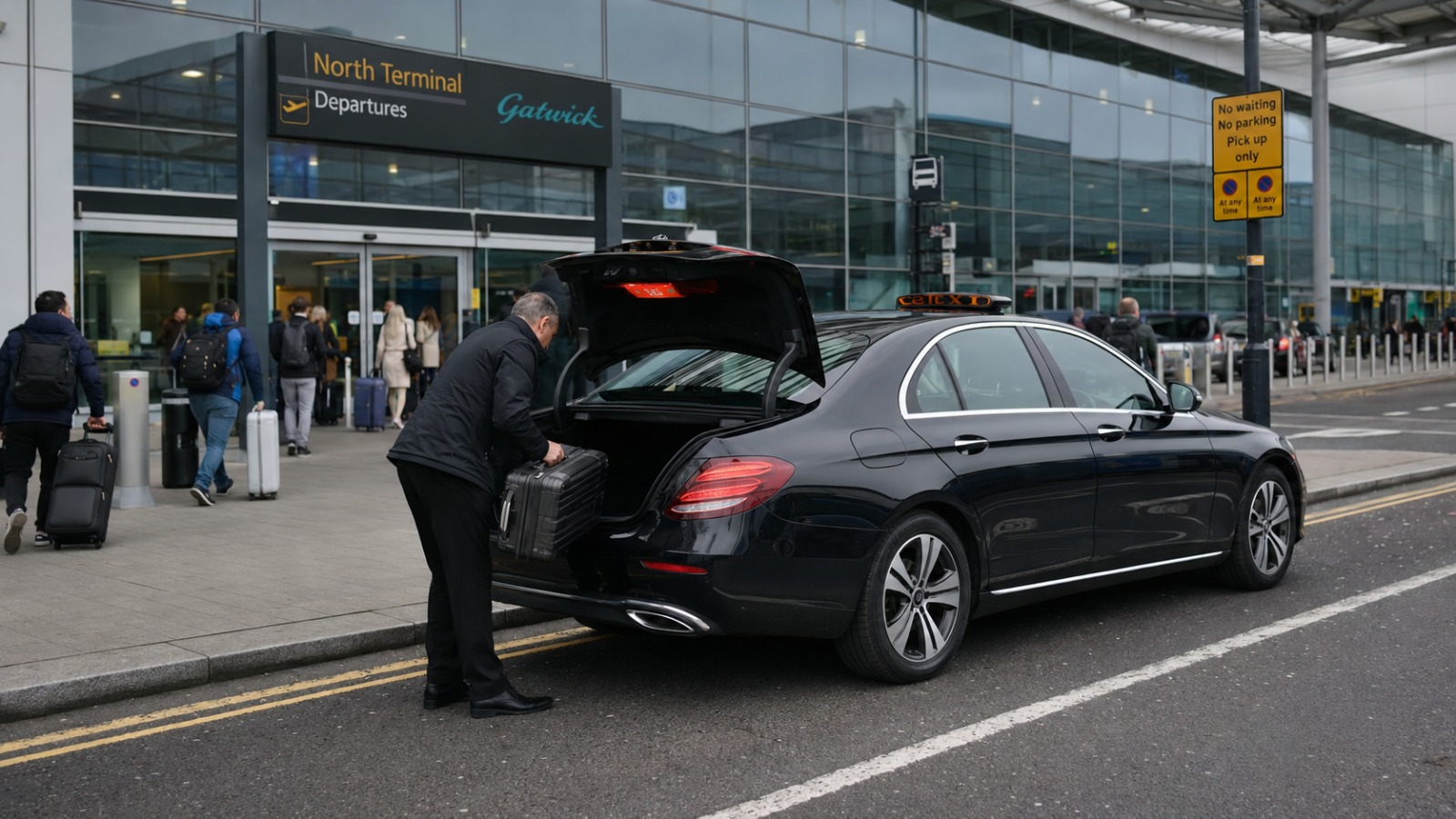 Taxi dropping off passengers at Gatwick North Terminal departures forecourt