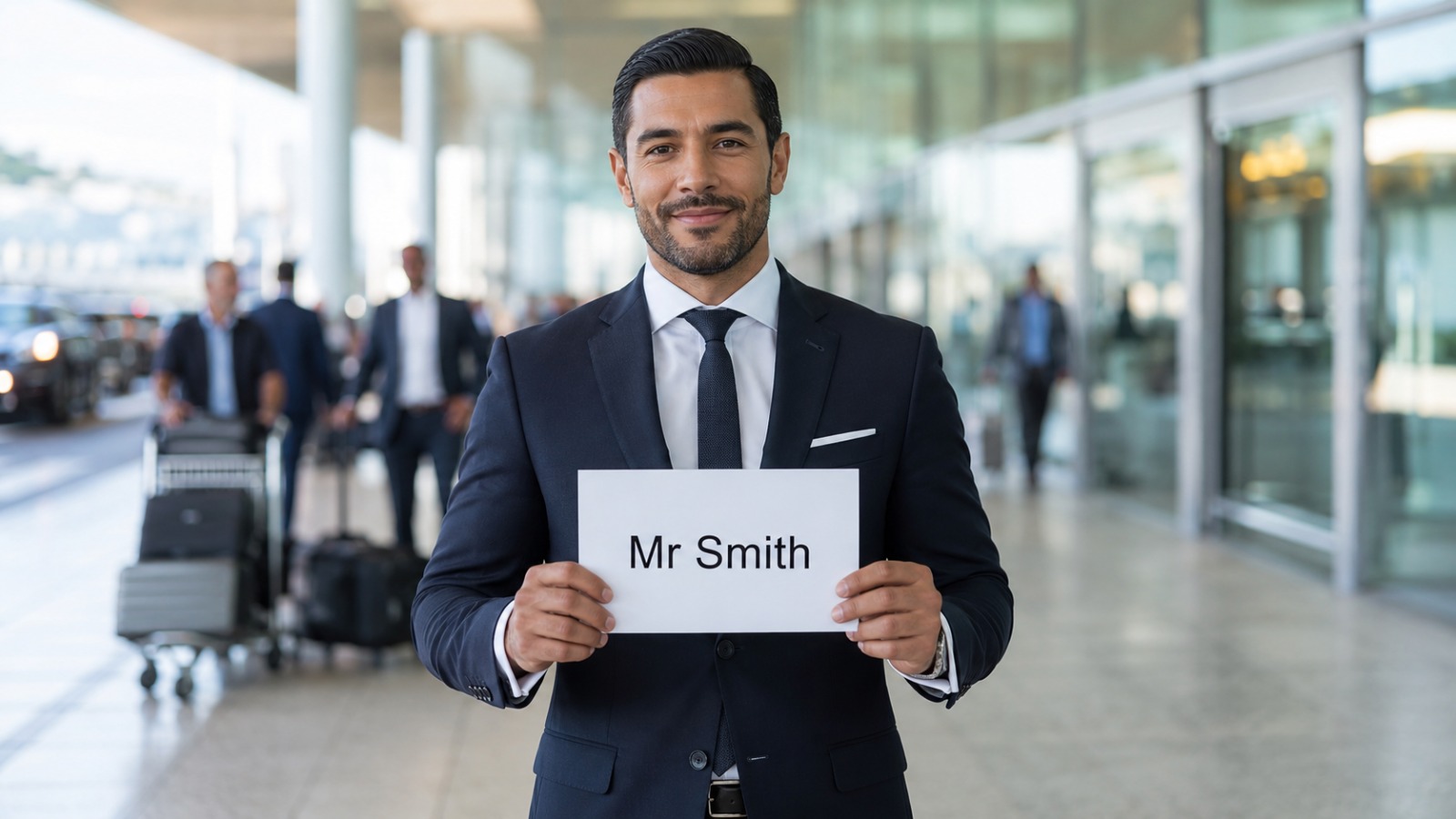 Chauffeur holding a name card in Gatwick North Terminal arrivals for Meet and Greet