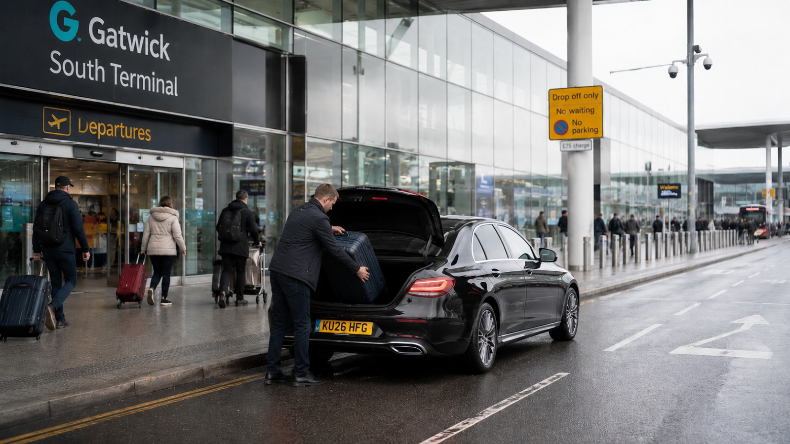 Taxi dropping off passengers at Gatwick South Terminal departures forecourt
