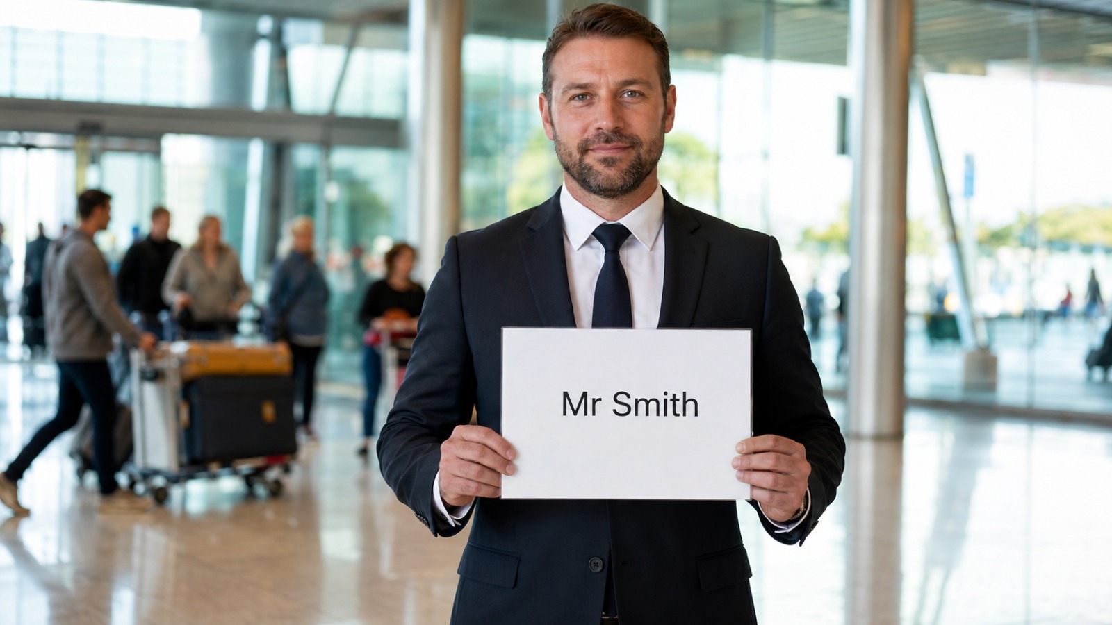 Chauffeur with a name board in Gatwick South Terminal arrivals for Meet and Greet