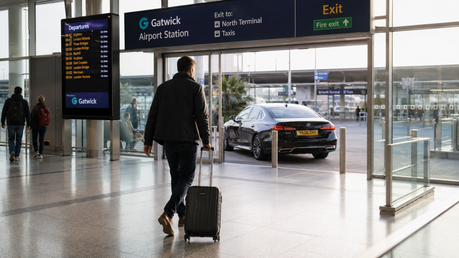 Rail passenger wheeling a case to a waiting taxi at Gatwick South Terminal