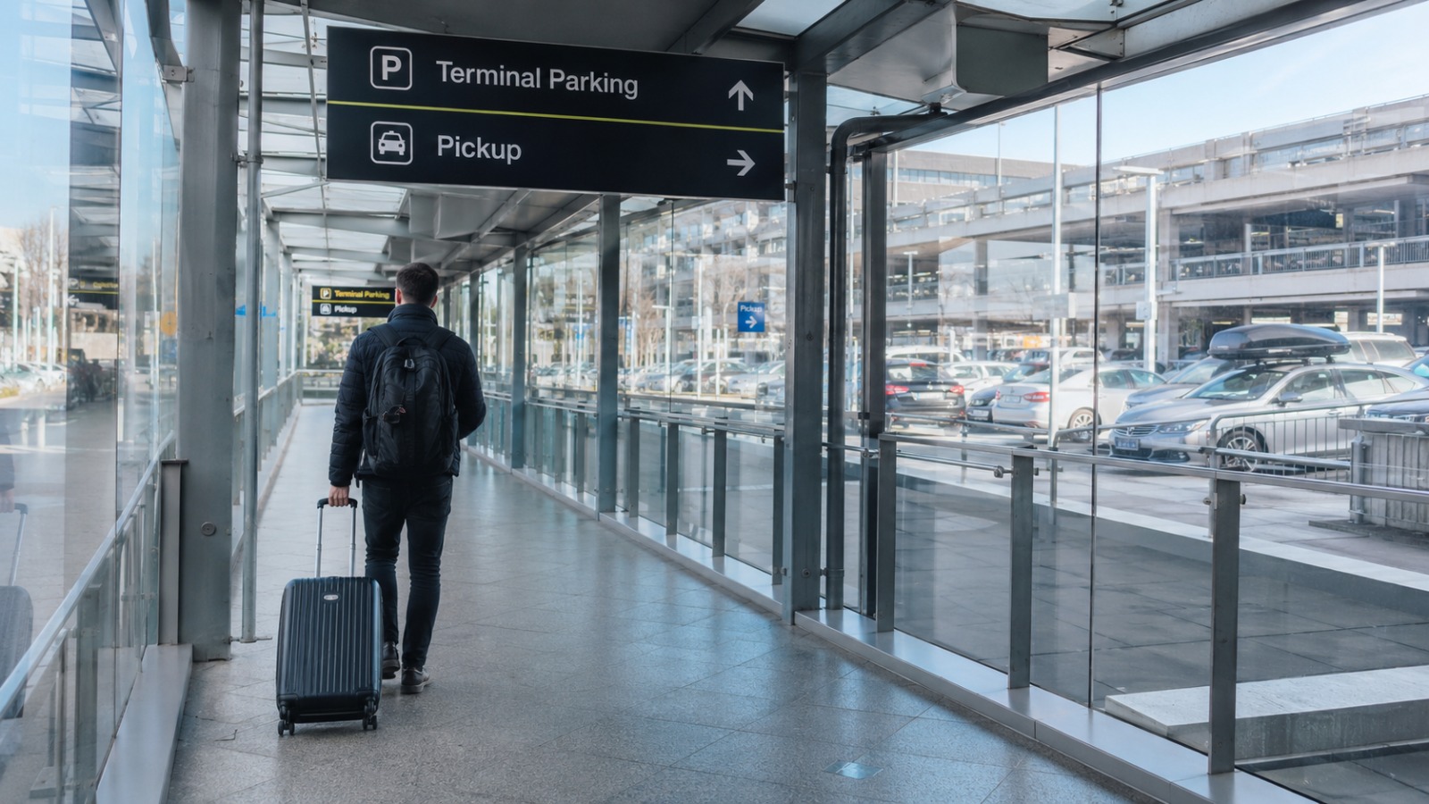 Walking route from Heathrow arrivals to the Terminal Parking pickup point with signage and luggage trolley access