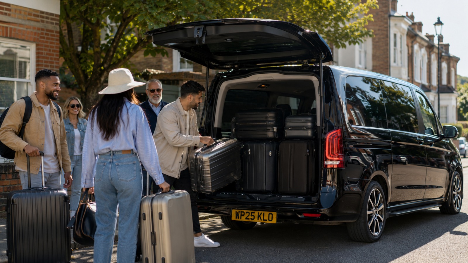 Group loading suitcases into an 8-seater minibus for a Bristol to Heathrow airport transfer