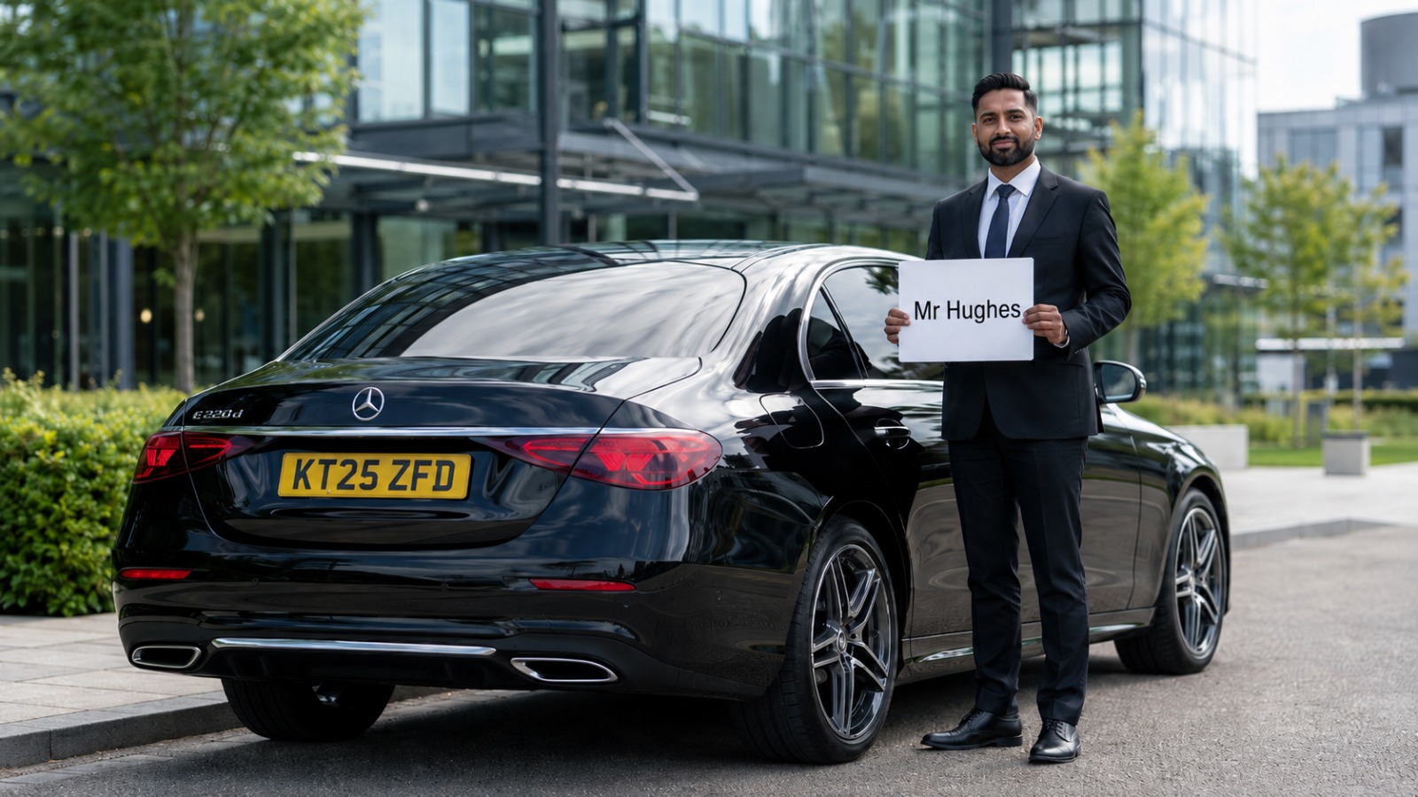 Executive taxi waiting at the Cambridge Biomedical Campus for a Heathrow airport transfer