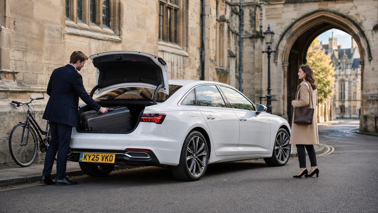 Fixed-price taxi collecting a passenger outside a Cambridge college for a Heathrow transfer