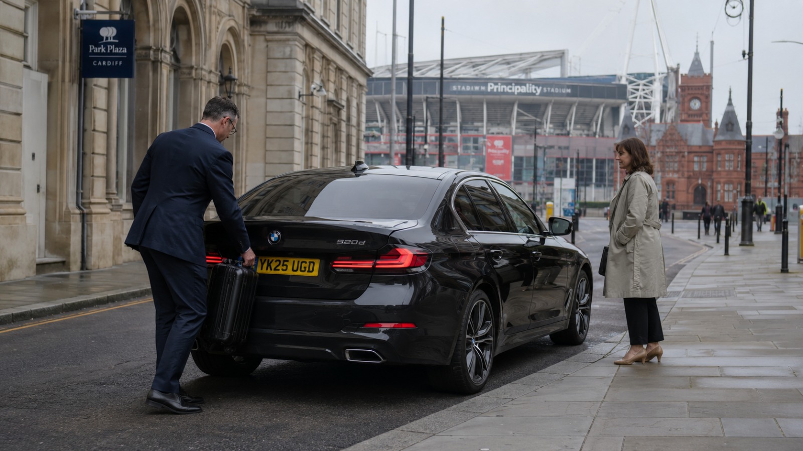 Fixed-price taxi collecting a passenger in Cardiff city centre for a Heathrow airport transfer