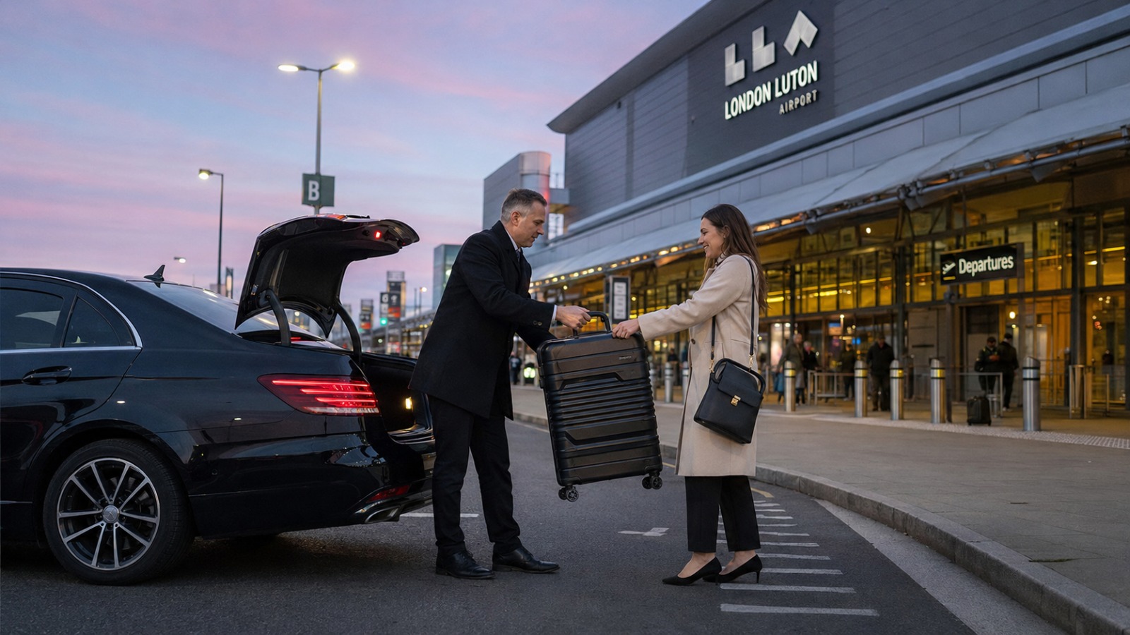 Driver unloading a suitcase at London Luton Airport departures at dawn for an early-morning flight