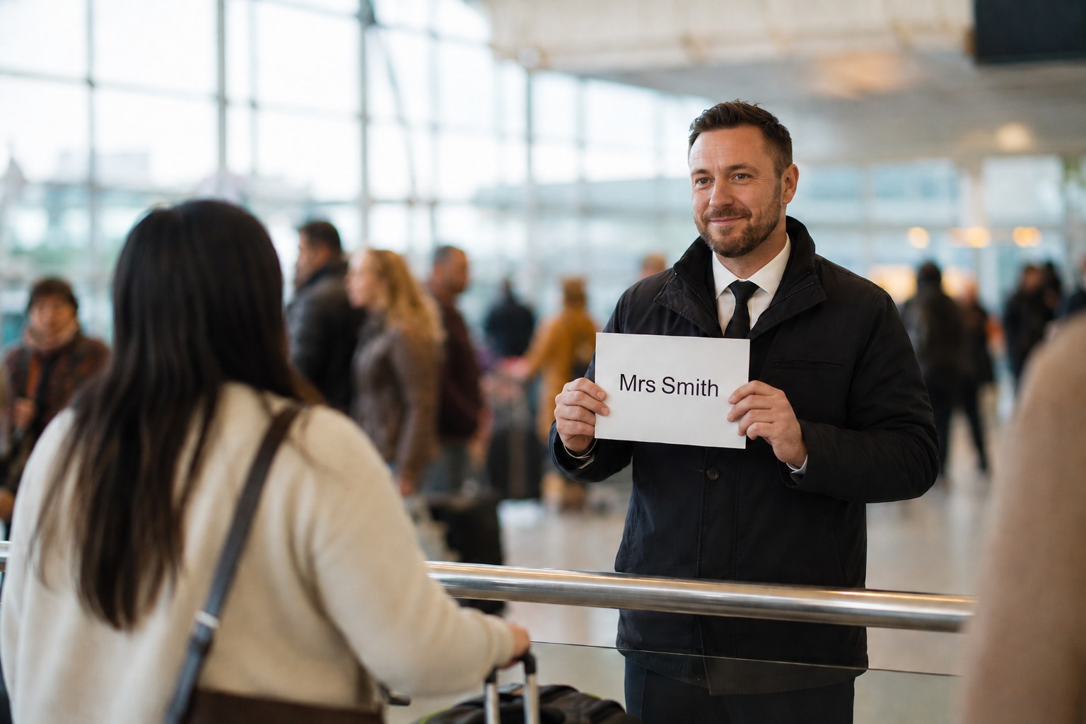 Taxi driver holding a name board at Luton Airport arrivals for a meet and greet pickup
