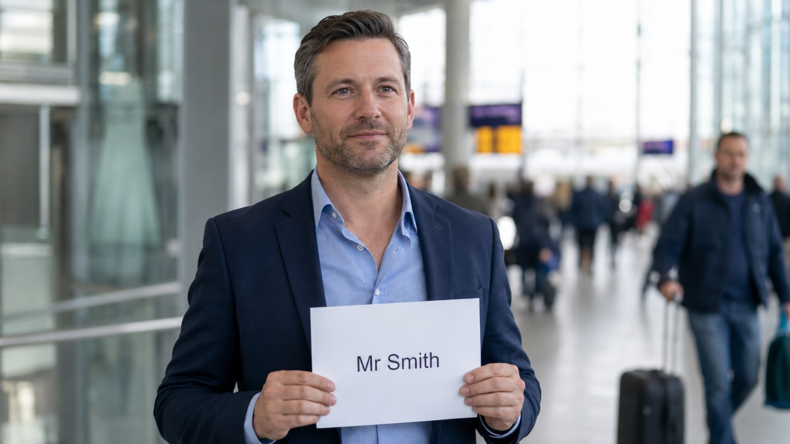 Taxi driver holding a blank name sign in a Manchester Airport arrivals hall for a meet and greet pickup