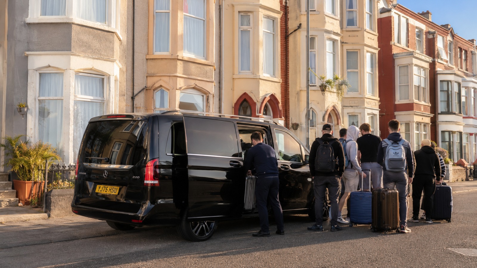 Black Mercedes V Class 8-seat minibus loading a family group with luggage for a Blackpool to Manchester Airport transfer