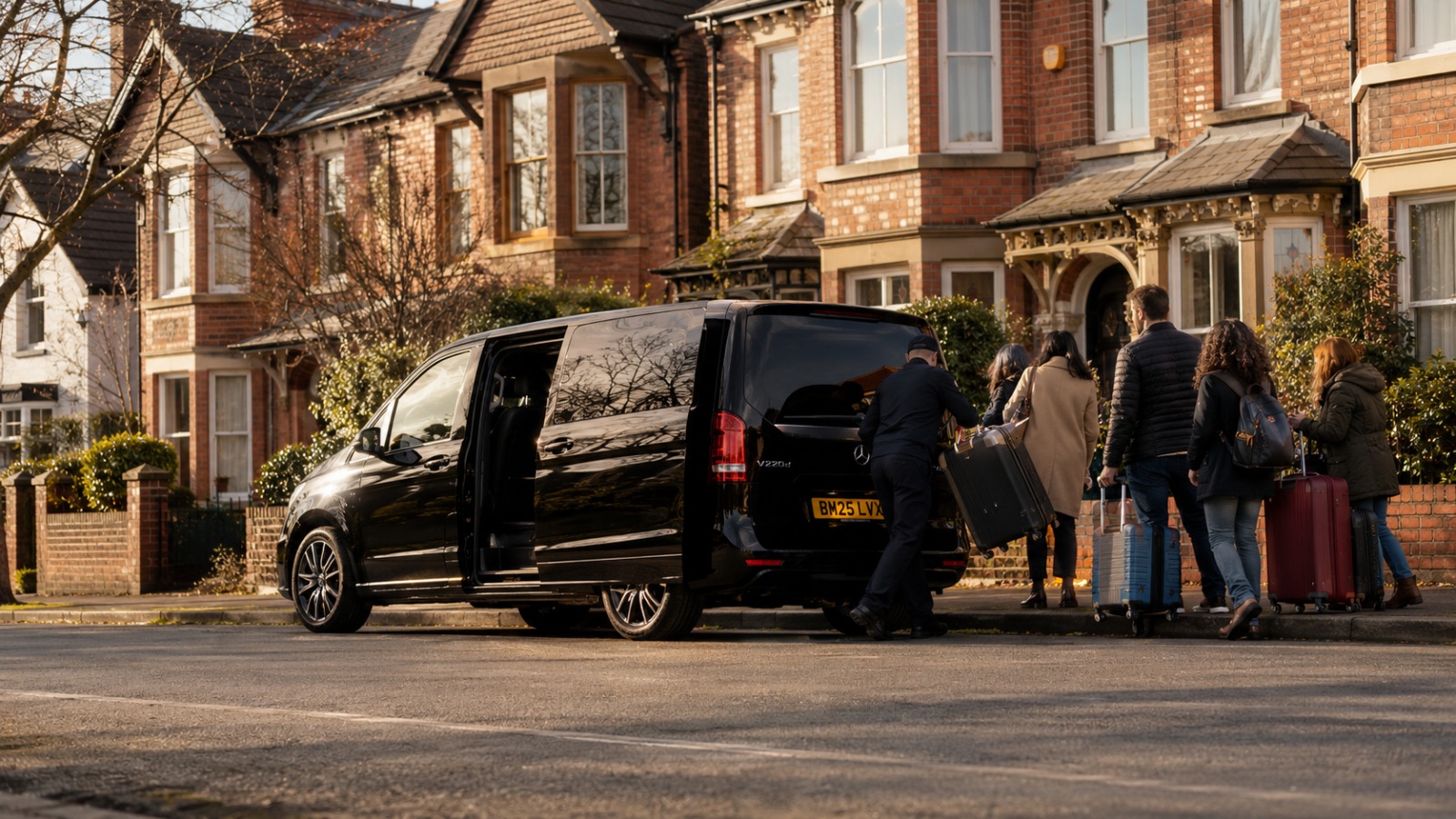 Black Mercedes V Class 8-seat minibus loading a family group with luggage for a Chester to Manchester Airport transfer