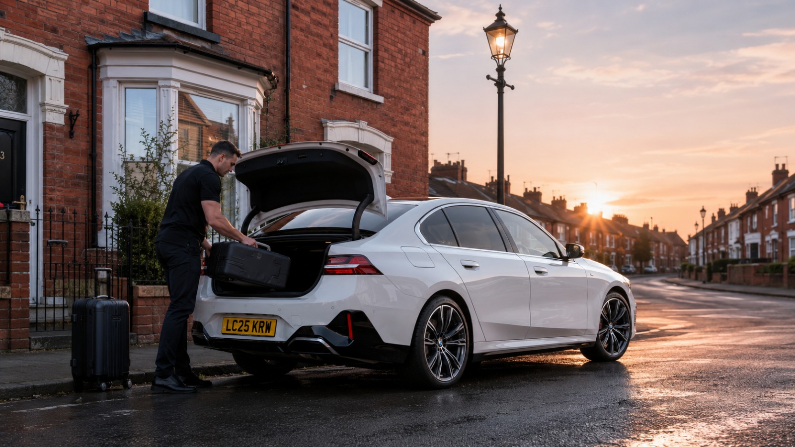 White BMW 5 Series 2025 saloon taxi outside a Crewe terraced house at dawn as driver loads a suitcase into the boot