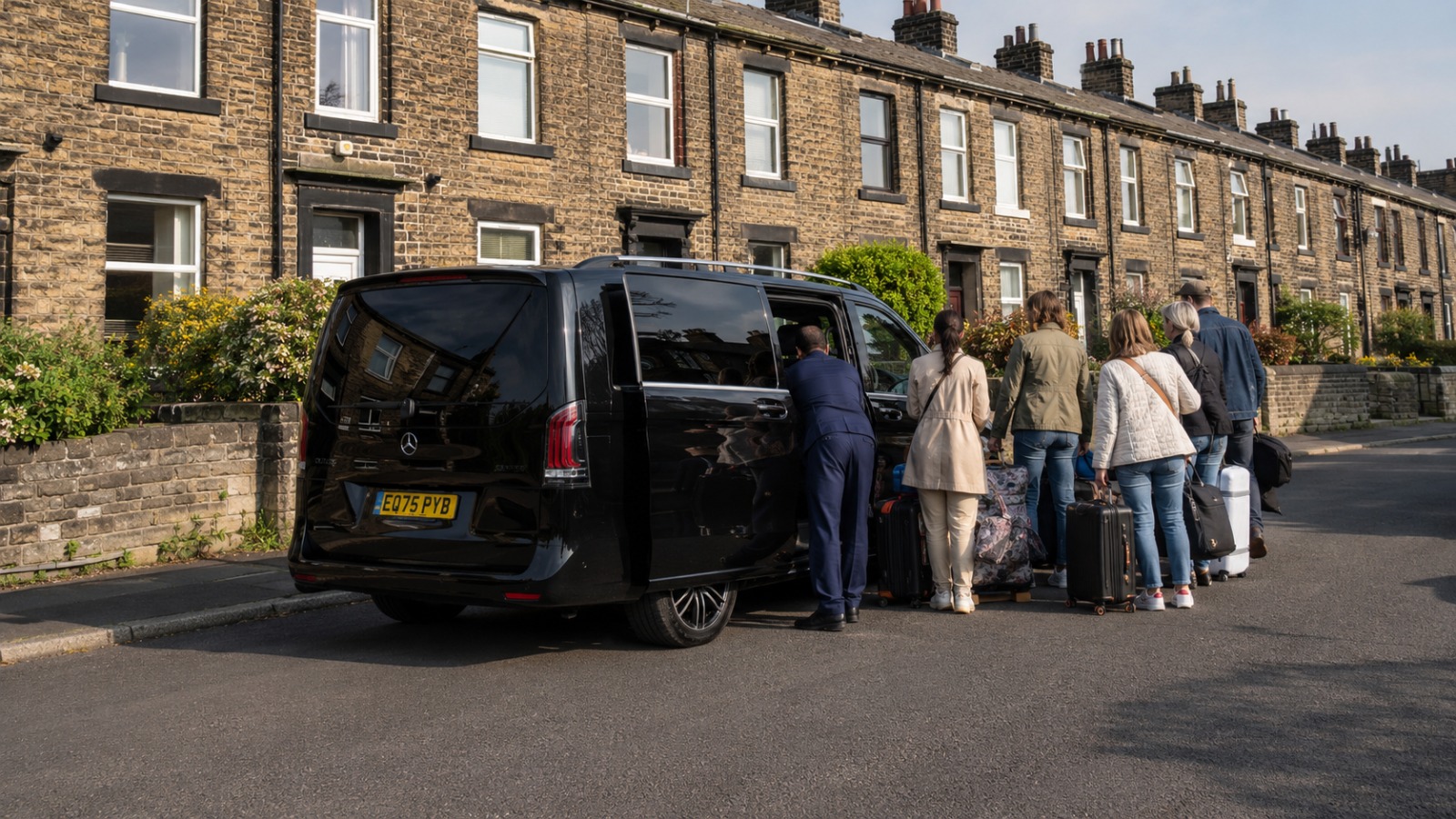 Black Mercedes V Class 8-seat minibus loading a family group with luggage for a Huddersfield to Manchester Airport transfer