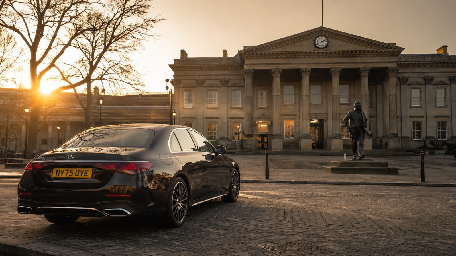 Executive saloon taxi at Huddersfield at dawn on route to Manchester Airport, historic city architecture in background