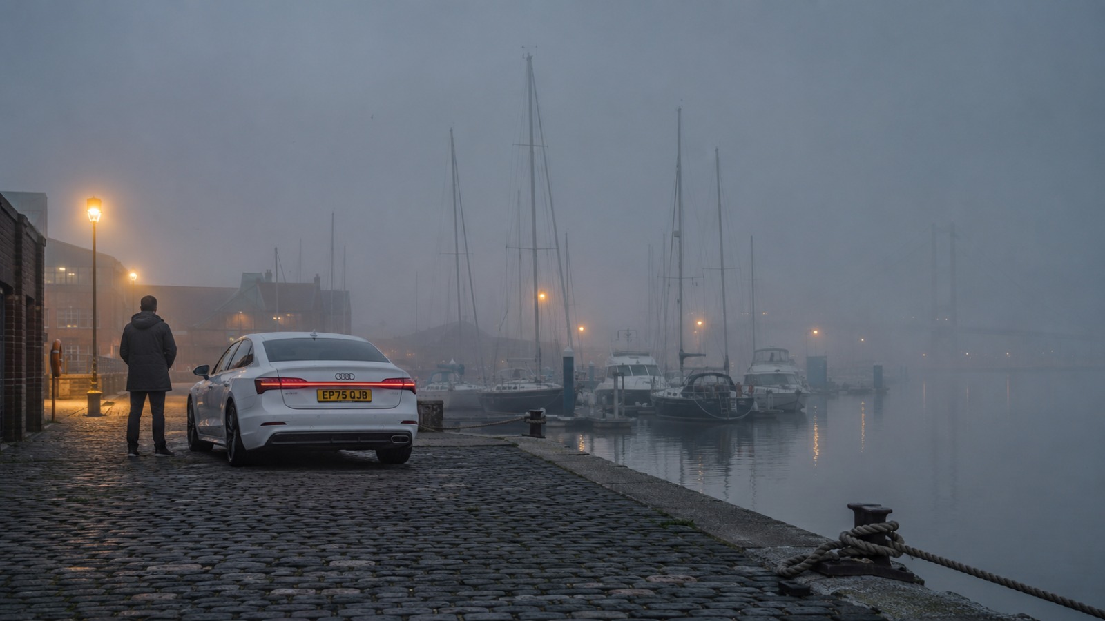 White Audi saloon at foggy Hull Marina dawn with Humber Bridge silhouette for Manchester Airport