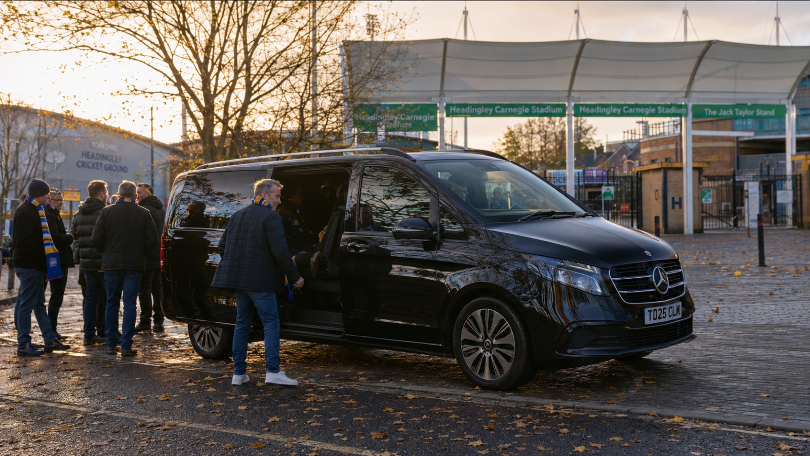 Sports fans boarding 8-seat minibus at Headingley Stadium Leeds for Manchester Airport match-day transfer