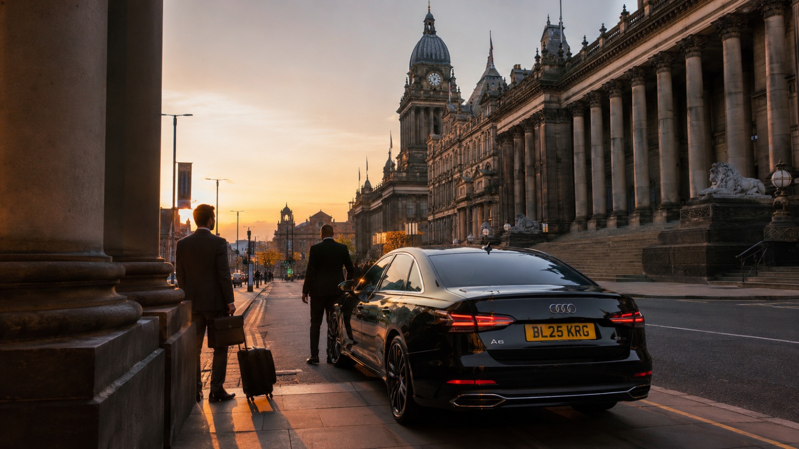 Executive Audi saloon at Leeds Town Hall at late sunset for evening Manchester Airport transfer