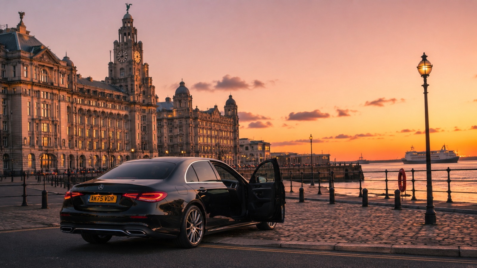Executive Mercedes saloon at Liverpool Pier Head Three Graces at first light for Manchester Airport departure