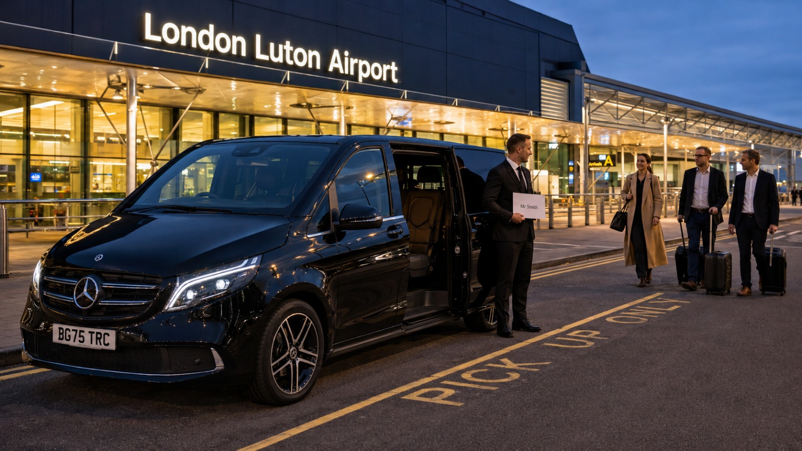 Chauffeur with a name sign beside a black Mercedes V-Class MPV8 at Luton Airport arrivals pickup  