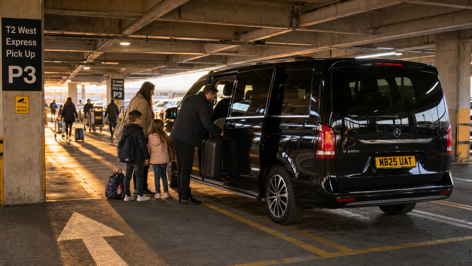 Black Mercedes V-Class minibus at Manchester Airport Terminal 2 P3 West car park pickup zone as driver greets a family