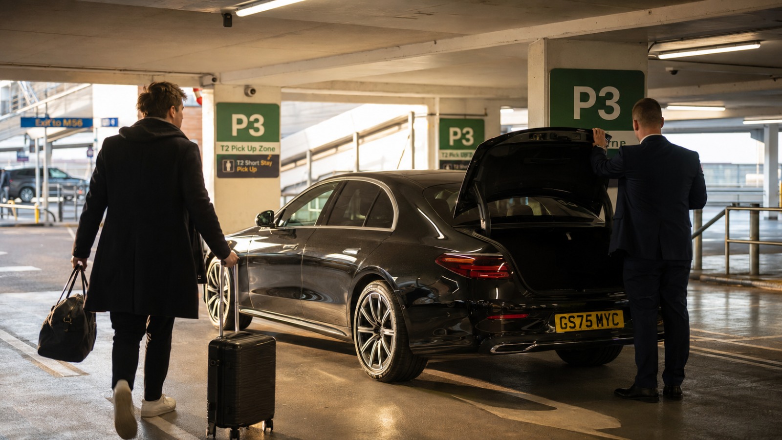 Traveller with luggage meeting driver at Manchester Airport Terminal 2 P3 pickup zone for return taxi to Blackpool