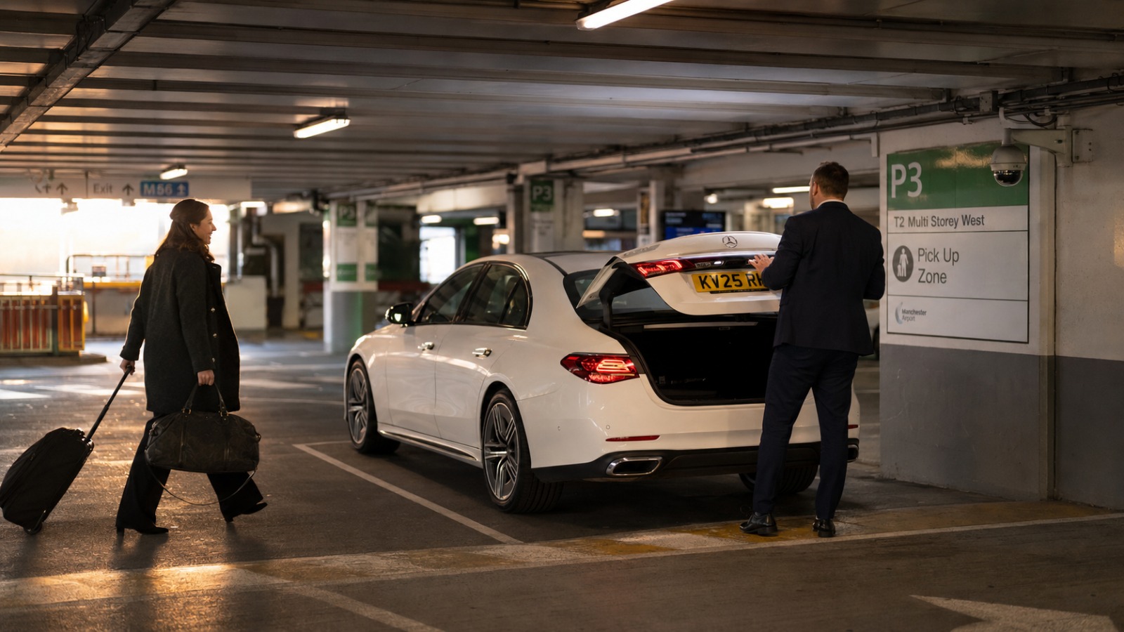 Traveller with luggage meeting driver at Manchester Airport Terminal 2 P3 pickup zone for return taxi to Chester