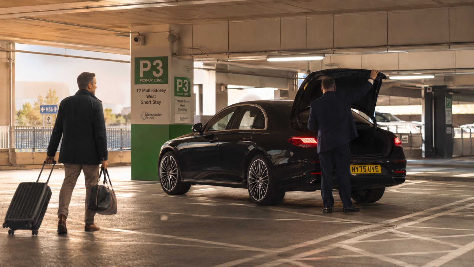 Traveller with luggage meeting driver at Manchester Airport Terminal 2 P3 pickup zone for return taxi to Huddersfield