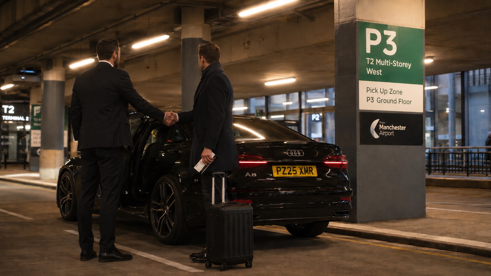 Late-night business return handshake at Manchester Airport Terminal 2 P3 pickup zone for Nottingham