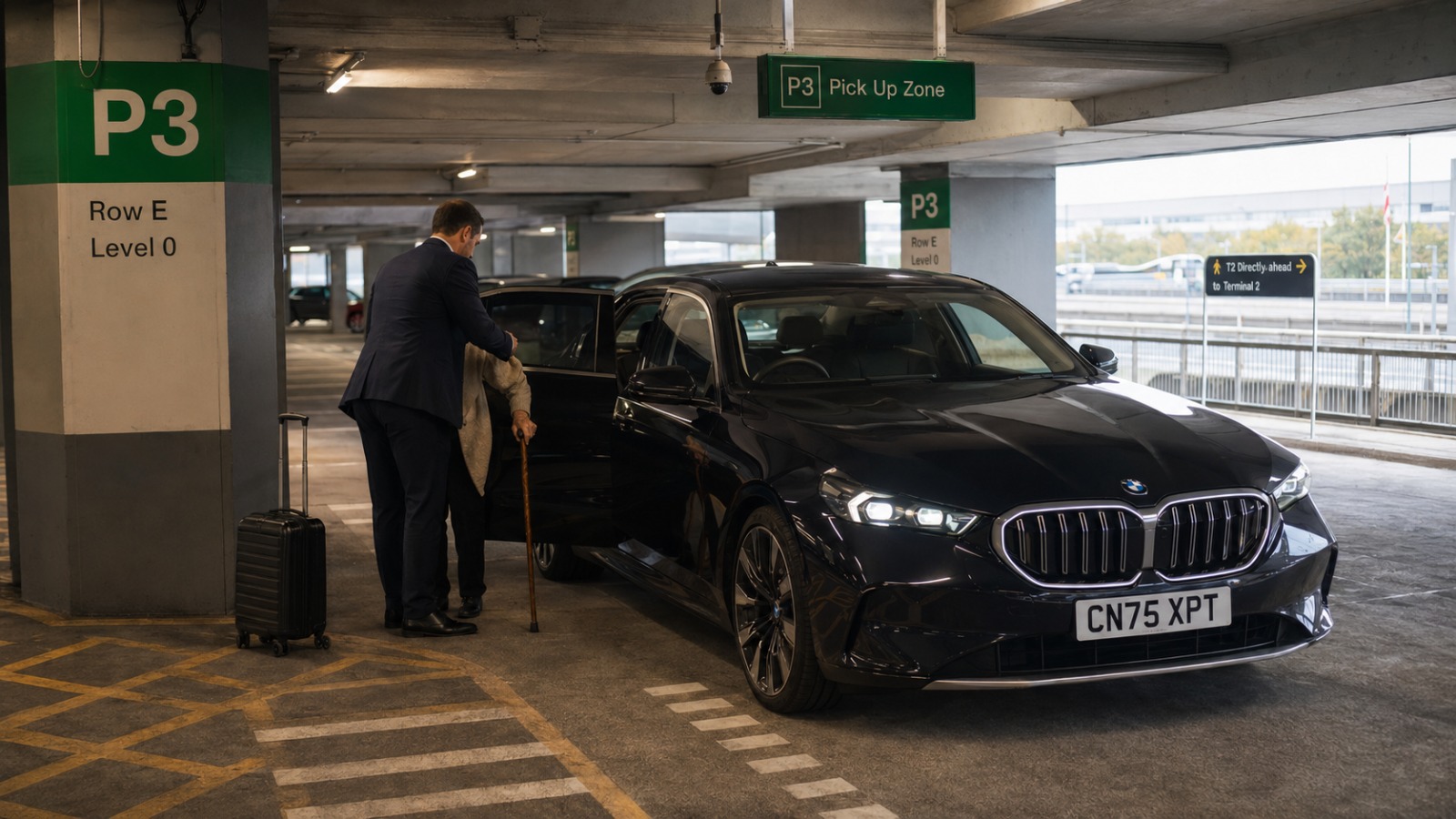 Driver helping elderly traveller with cane at Manchester Airport Terminal 2 P3 for Sheffield return