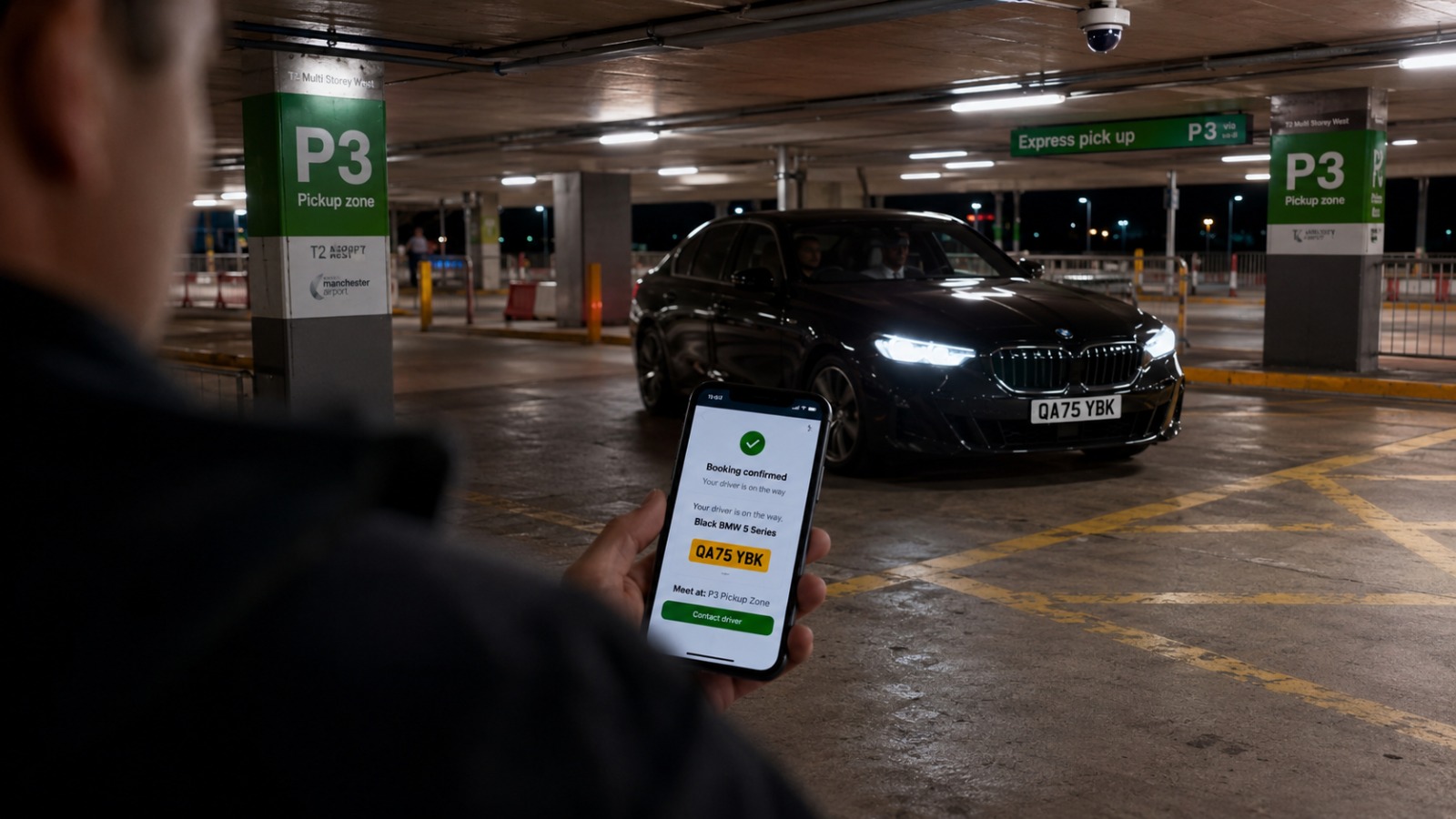 Traveller with smartphone waits at Manchester Airport Terminal 2 P3 for pre-dawn Stoke-on-Trent family pickup