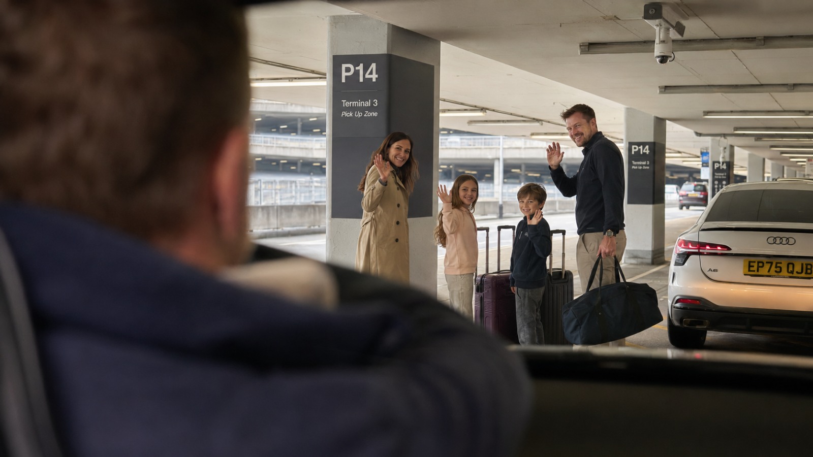 POV over driver shoulder greeting Hull family arriving at Manchester Airport Terminal 3 P14