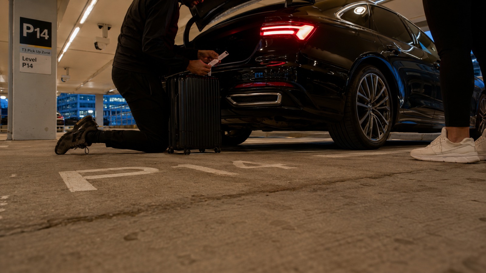 Low-angle ground view at Manchester Airport Terminal 3 P14 with driver securing luggage for Leeds return