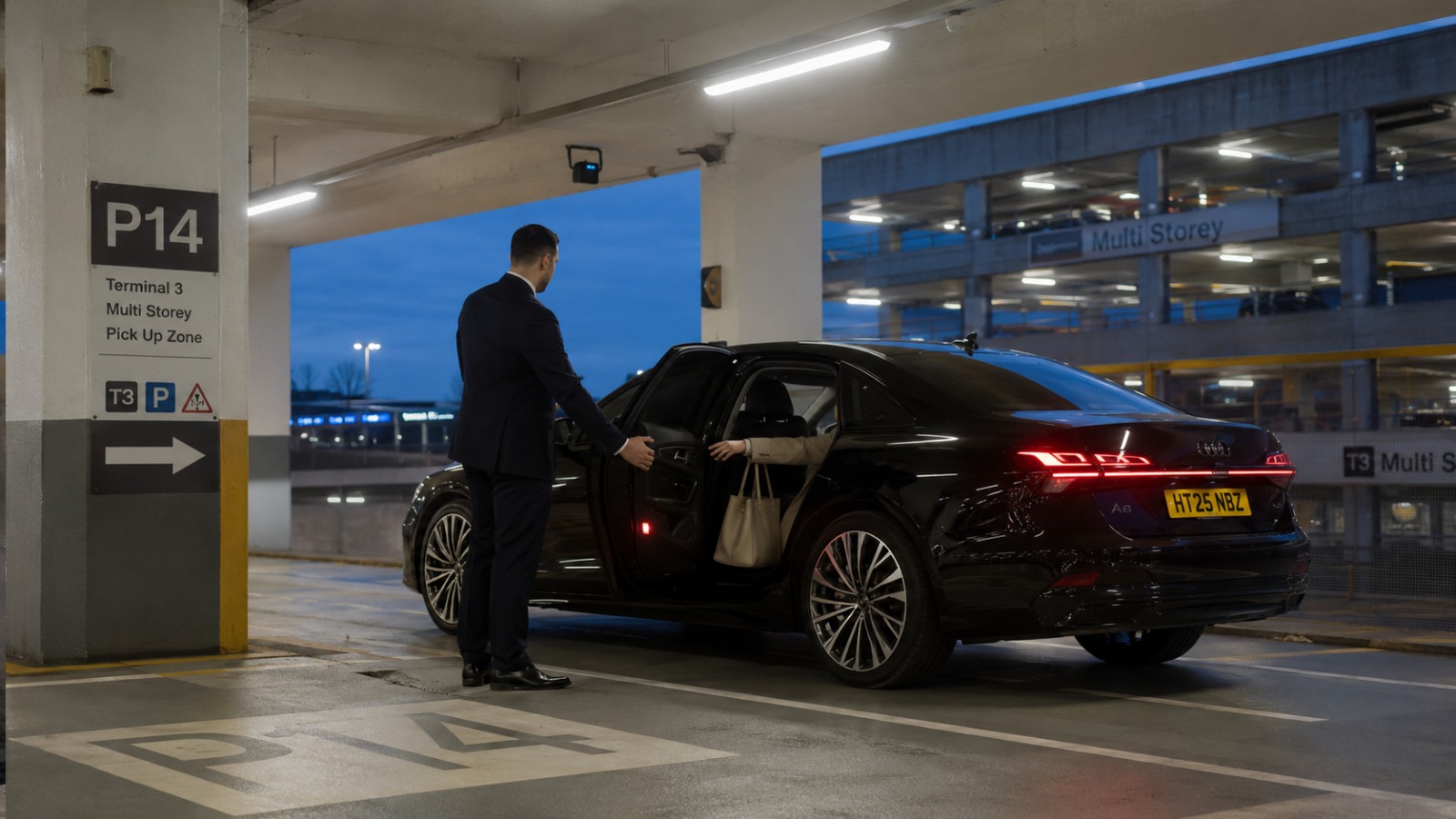 Driver helps traveller out of car at Manchester Airport Terminal 3 P14 twilight for York return