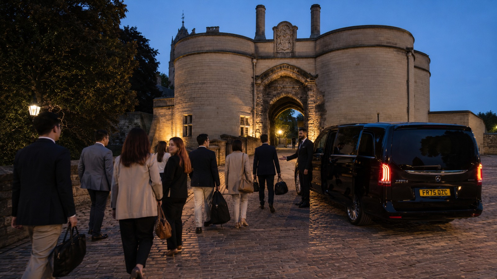 Business group boarding 8-seat minibus at Nottingham Castle evening pickup for Manchester Airport transfer