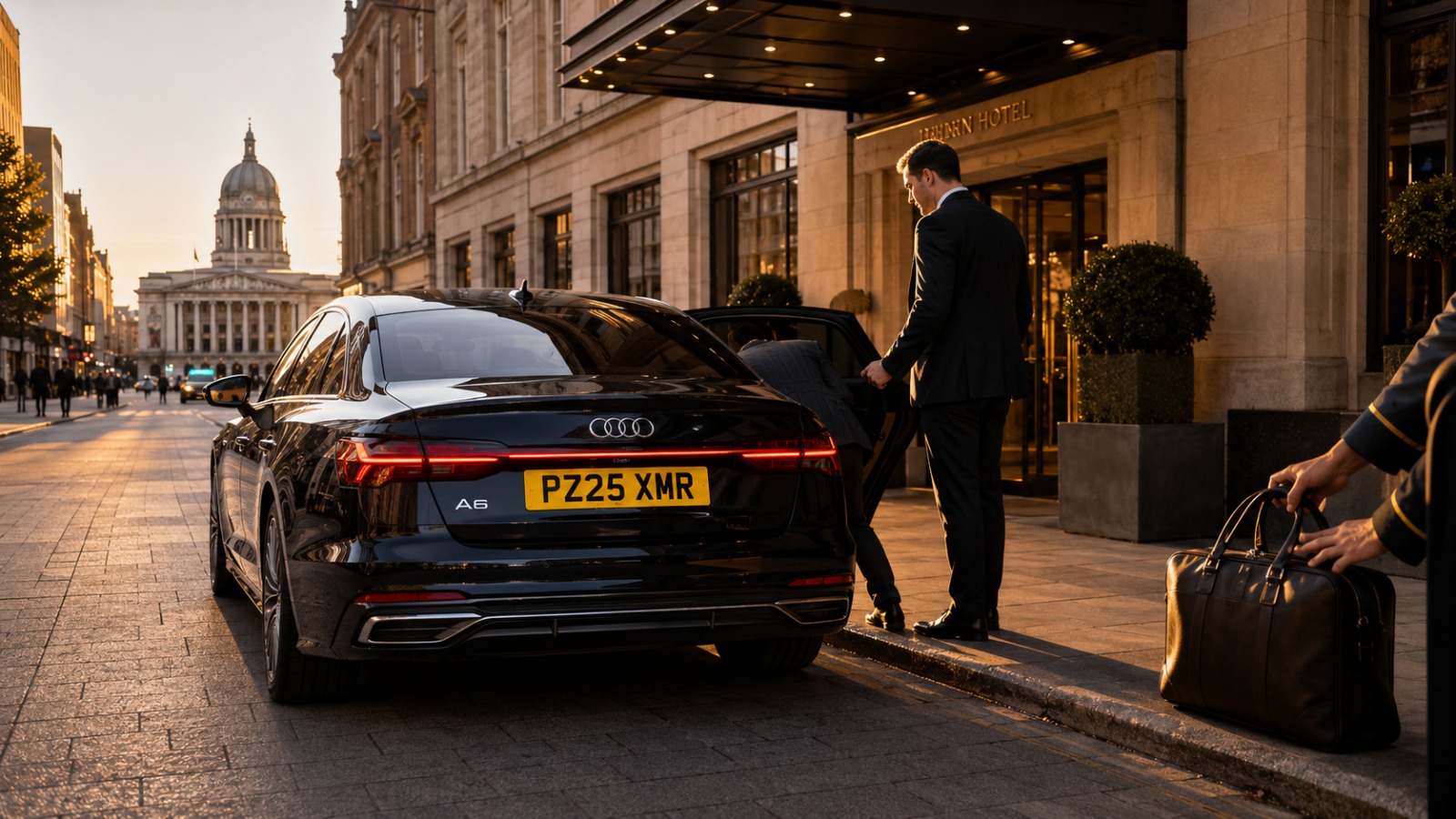 Executive saloon at Nottingham city centre hotel entrance during golden hour, business pickup for Manchester Airport