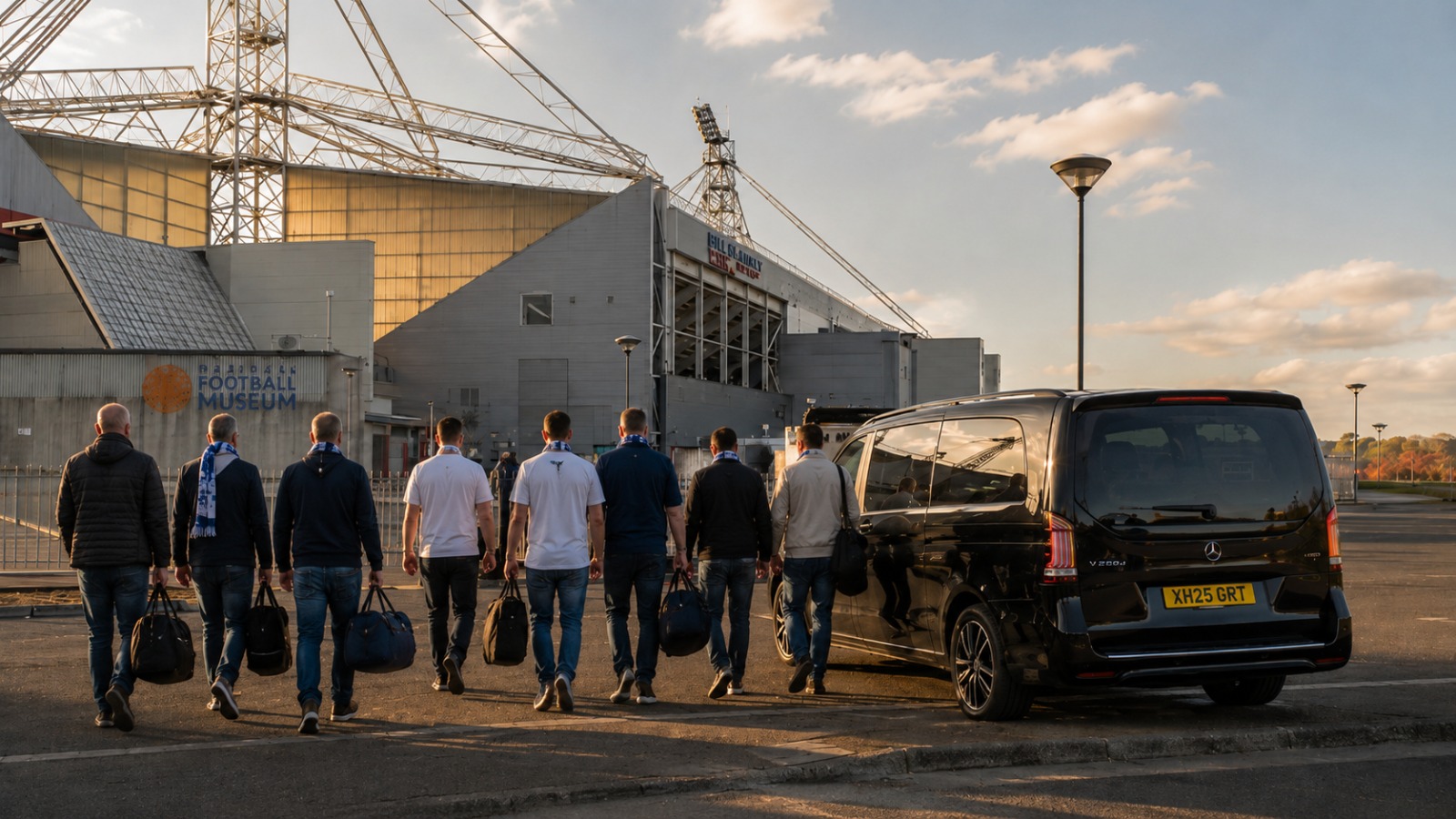 Football fans boarding 8-seat minibus at Preston Deepdale Stadium for Manchester Airport transfer