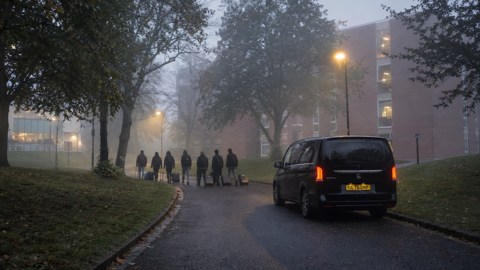 Students walking through misty morning to 8-seat minibus at Sheffield student village for Manchester Airport