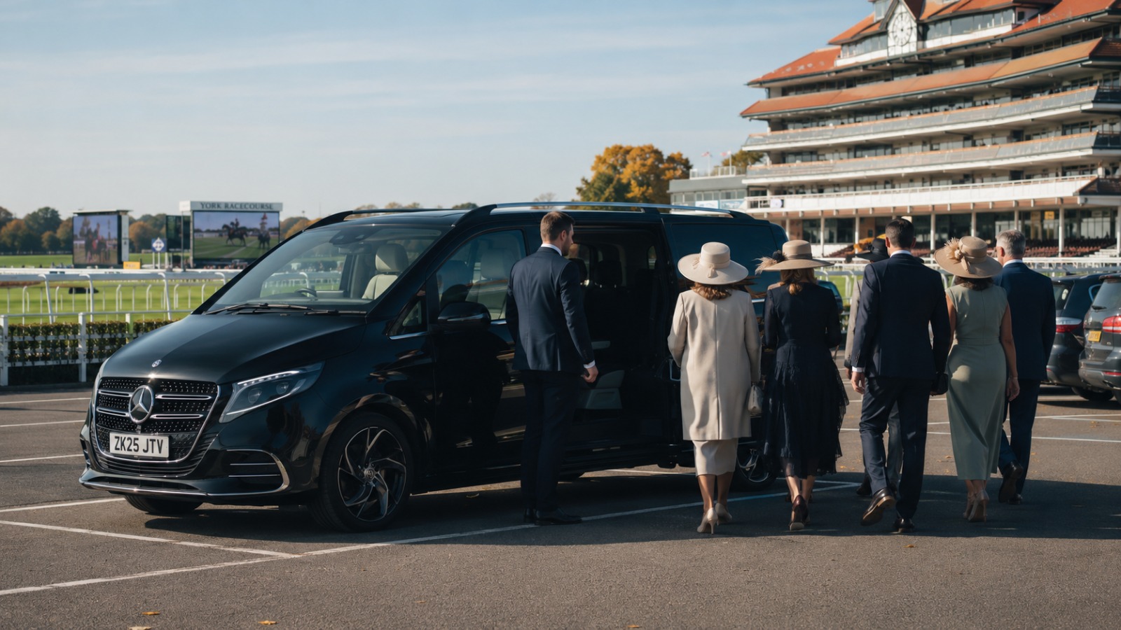 Race-day group boarding 8-seat minibus at York Racecourse Knavesmire for Manchester Airport transfer