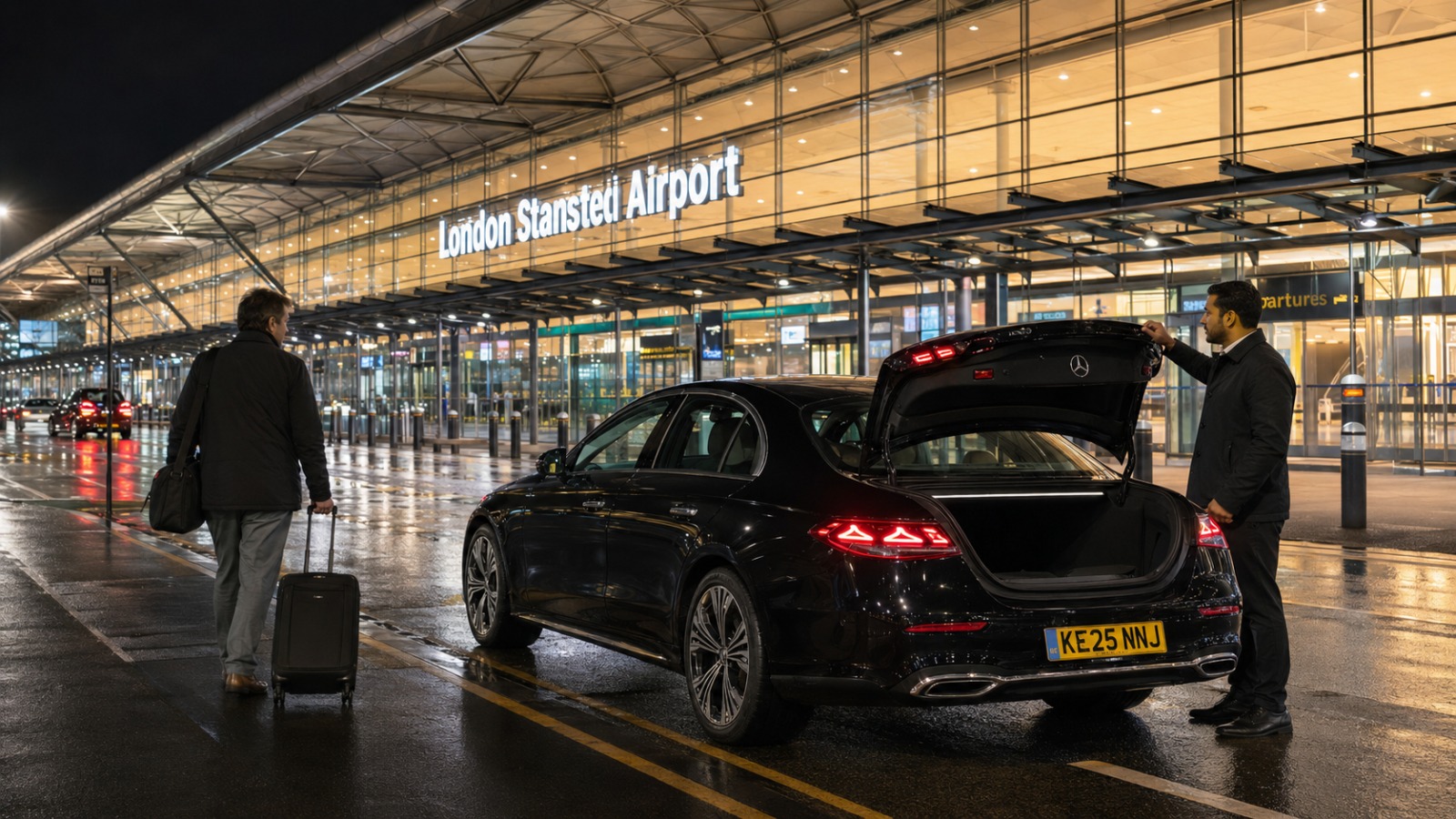 - Pre-booked UK Airport Taxi at Stansted Airport pickup zone for a late-night arrival, with driver ready to assist.