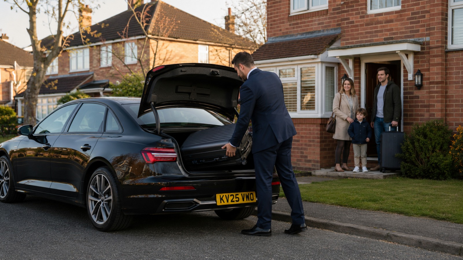 UK Airport Taxi driver loading luggage outside a family home for an early-morning Stansted Airport pre-booked pickup.