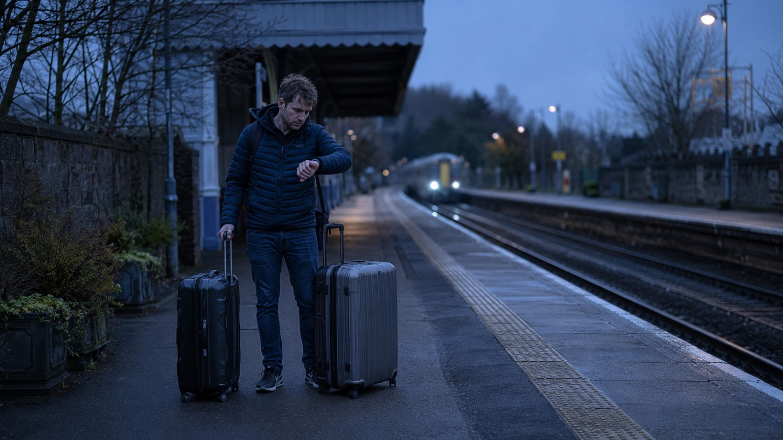 Tired traveller with two suitcases on a quiet UK station platform at dawn