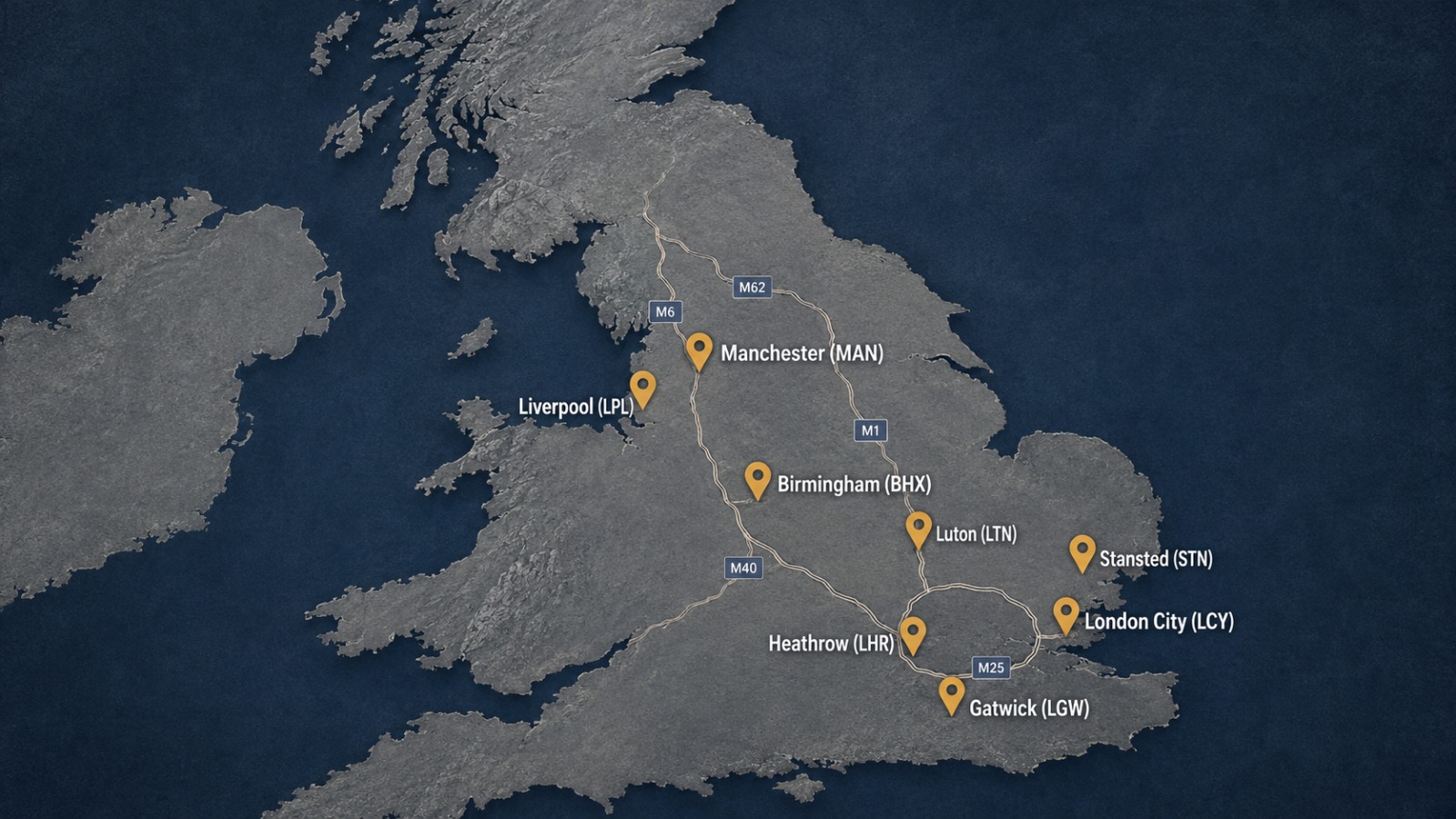 Map of the UK showing the 8 major airports covered by UK Airport Taxi for nationwide airport transfers