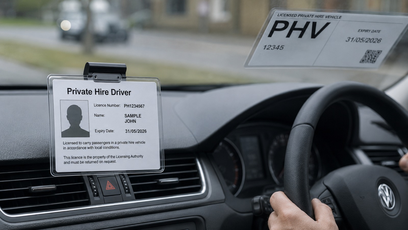 UK private hire driver licence ID and PHV plate on the dashboard of a clean saloon airport taxi