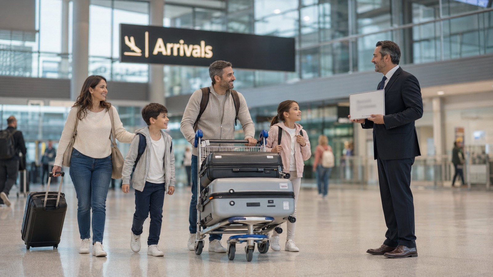 Family with two children and luggage met inside UK airport arrivals by a driver holding a name board